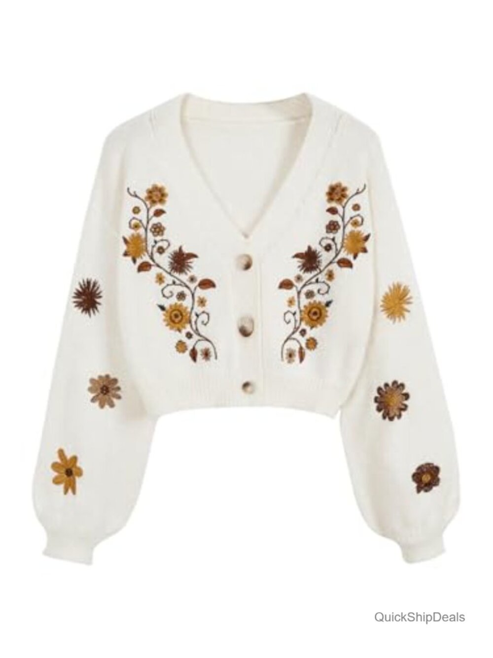 Womens Floral Cropped Cardigan Boho Cottagecore Button Front Knit Sweater